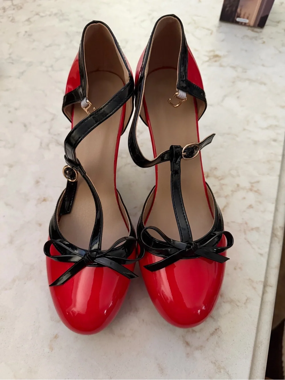 Patent Red and Black T-Strap Bow Pumps - Women